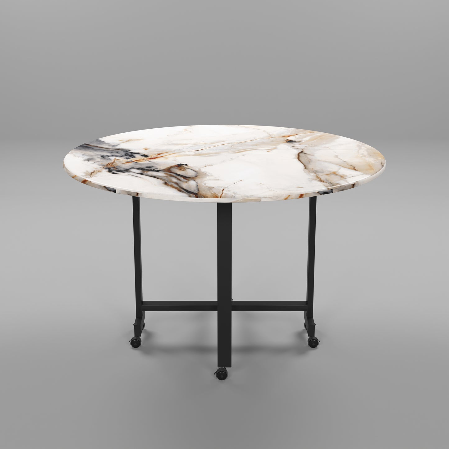 Folding Dining Table( Round, White Marble, Black Metal Frame)