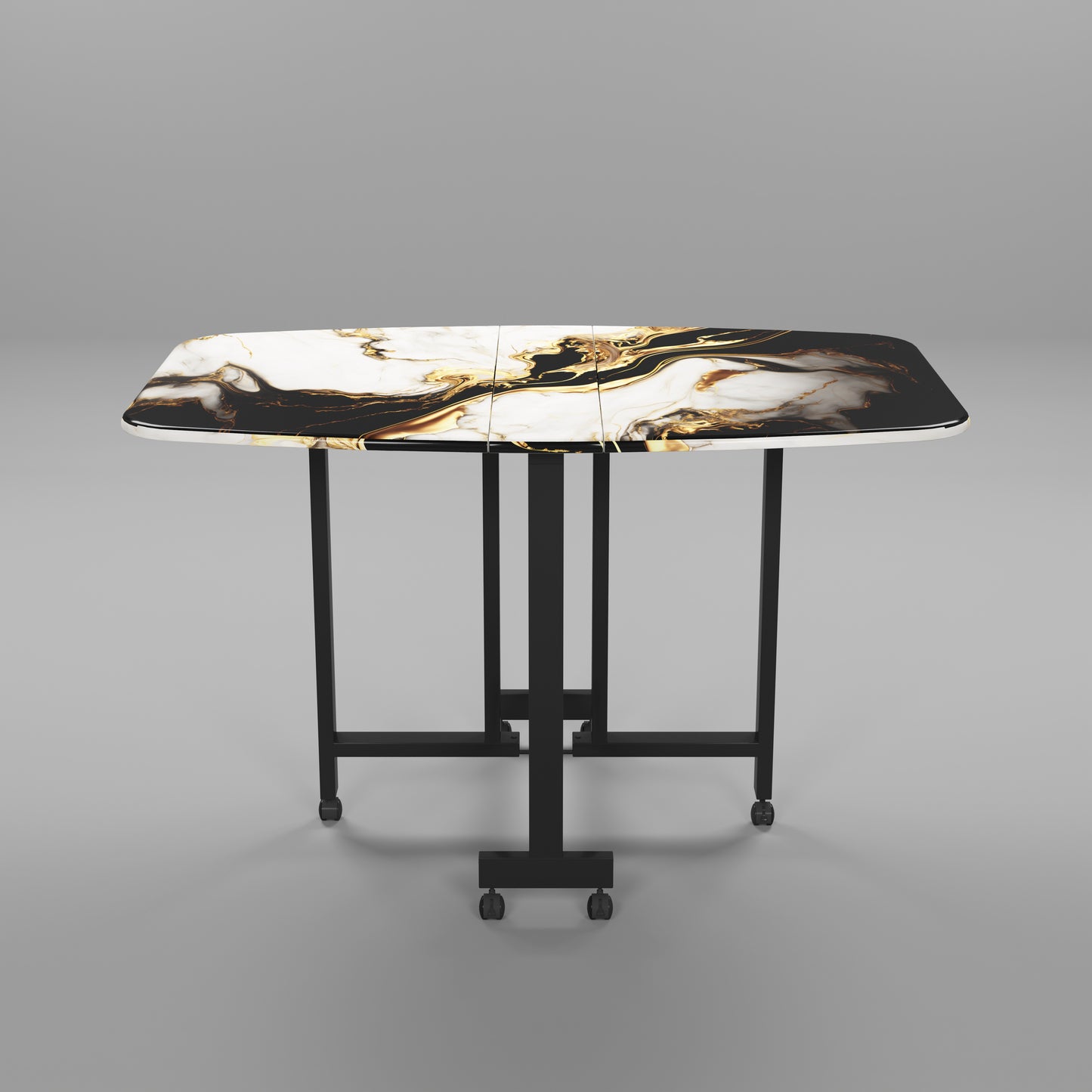 Folding Dining Table( Italian, White and Black with Gold Marble, Black Metal Frame)
