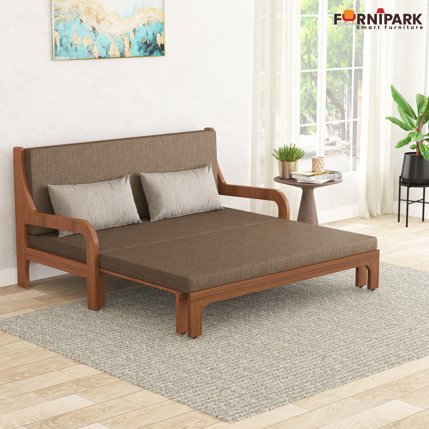 Three Seater Sofa Cum Bed (Natural Wood)