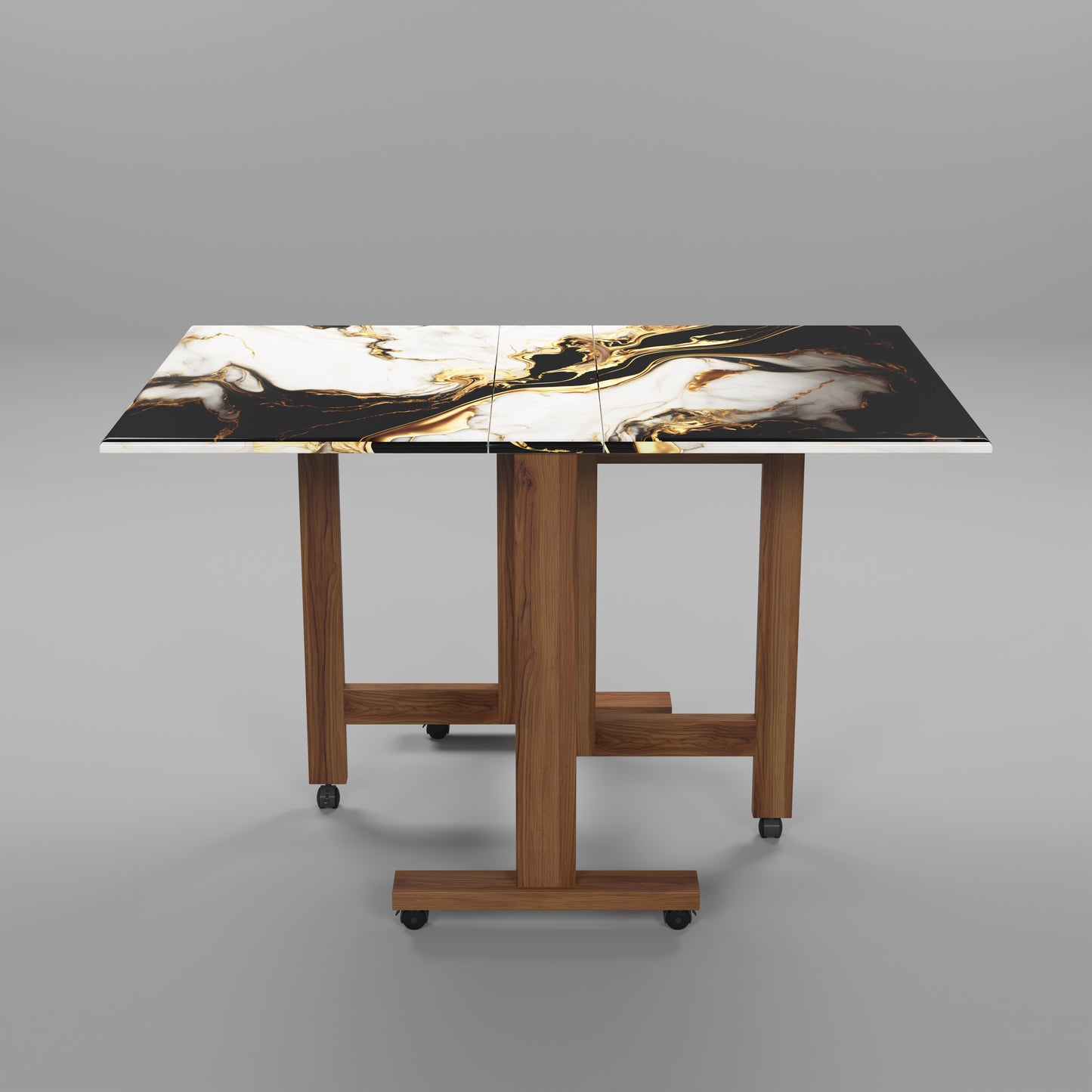 Folding Dining Table( Rectangular, White and Black with Gold Marble, Natural Wooden Frame)