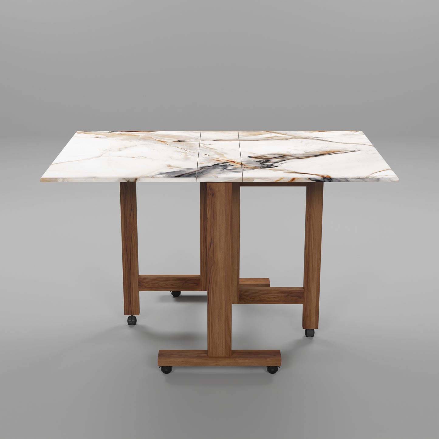 Folding Dining Table( Rectangular, White with Gold Marble, Natural Wooden Frame)