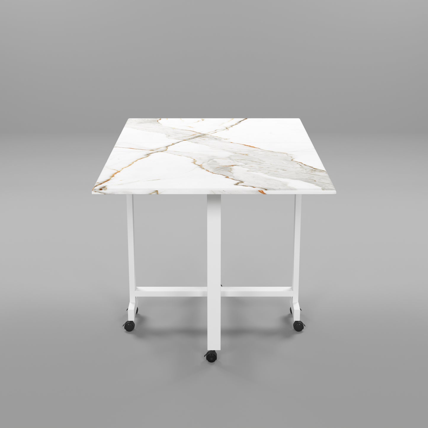 Folding Dining Table(Rectangular, White with Gold Marble, White Metal Frame)
