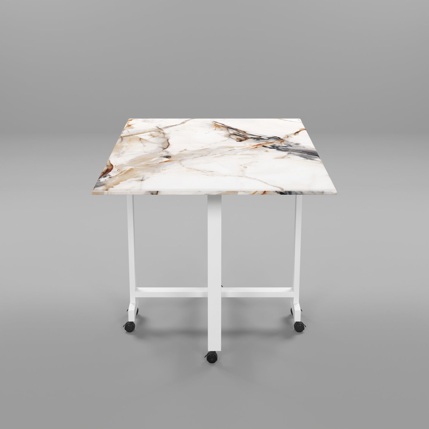 Folding Dining Table(Rectangular, White Marble, White Metal Frame)
