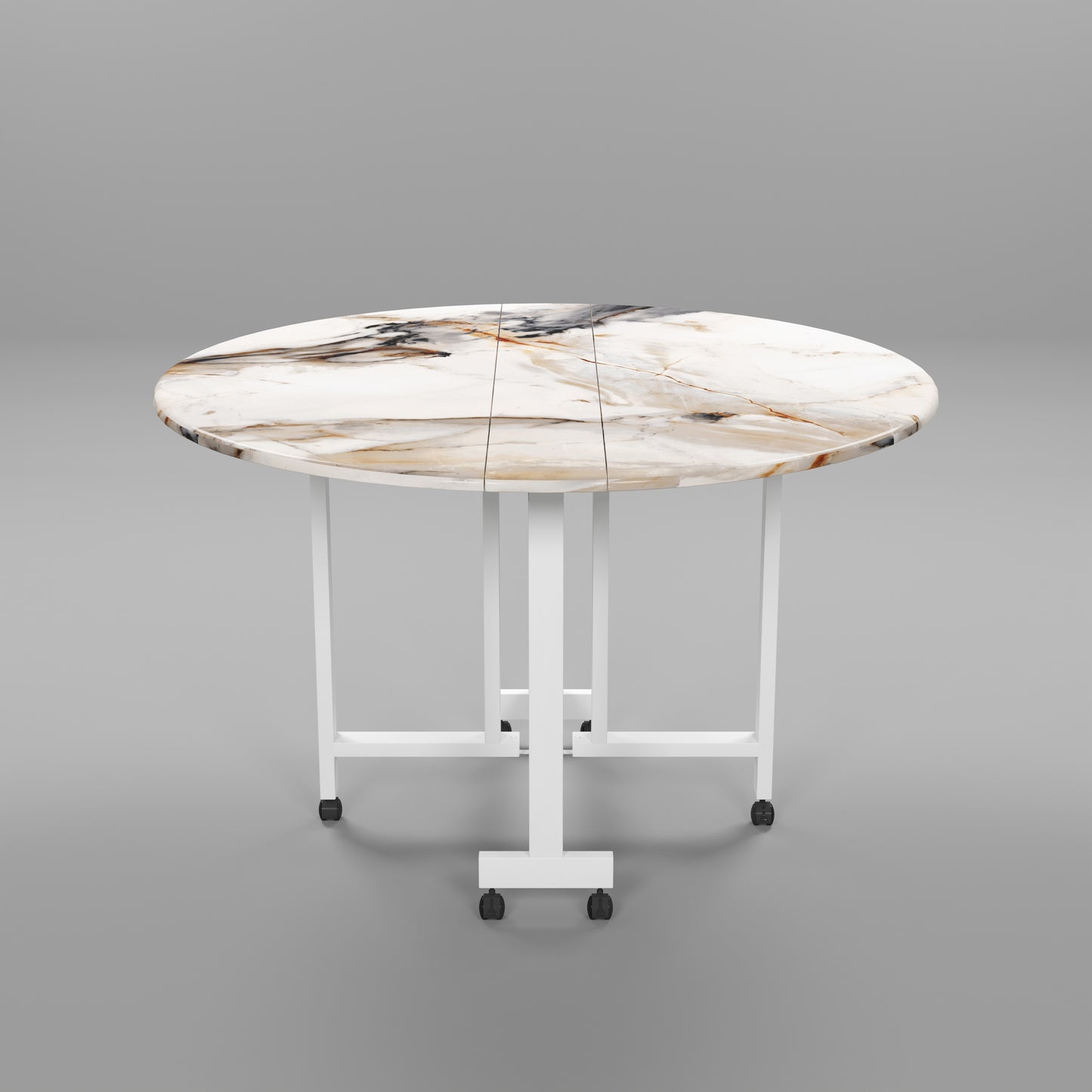Folding Dining Table( Round, White Marble, White Metal Frame)