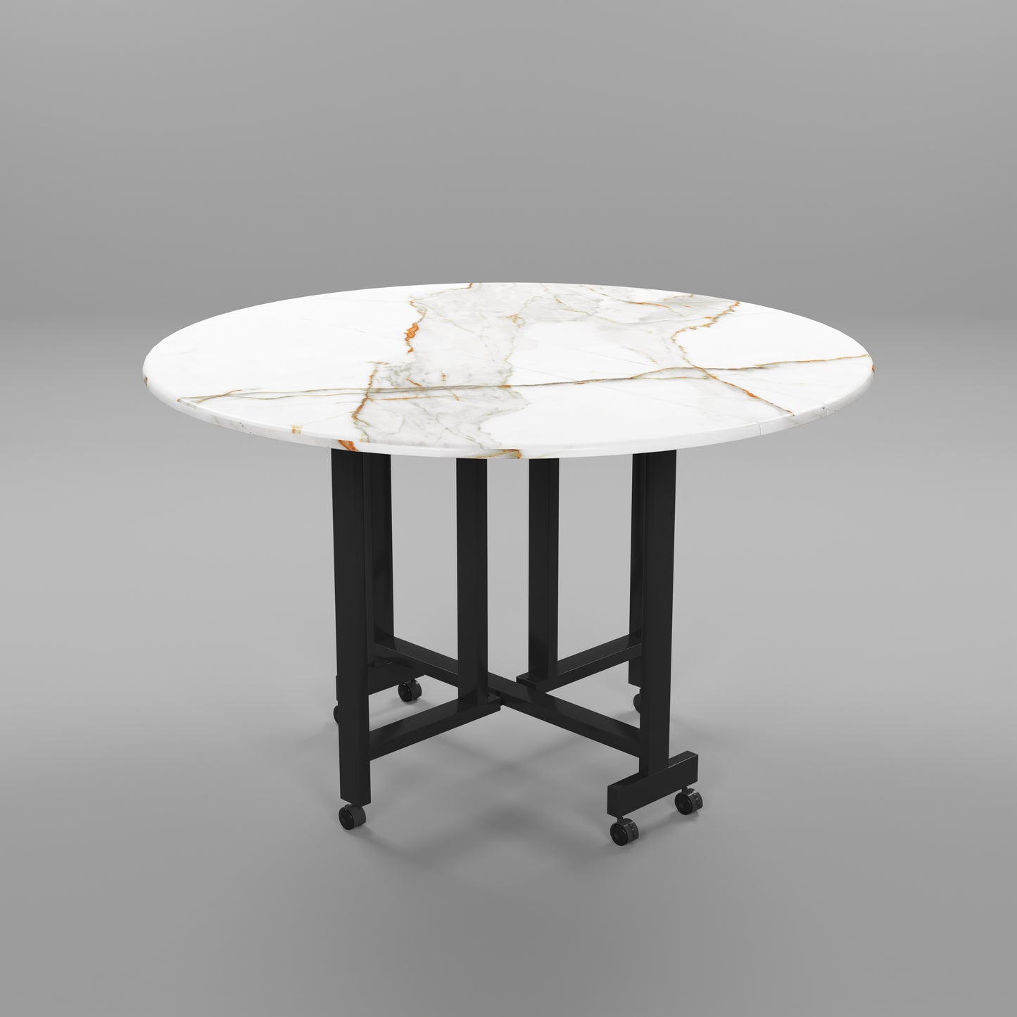 Folding Dining Table( Round, White with Gold Marble, Black Metal Frame)