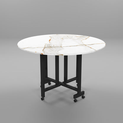 Folding Dining Table( Round, White with Gold Marble, Black Metal Frame)
