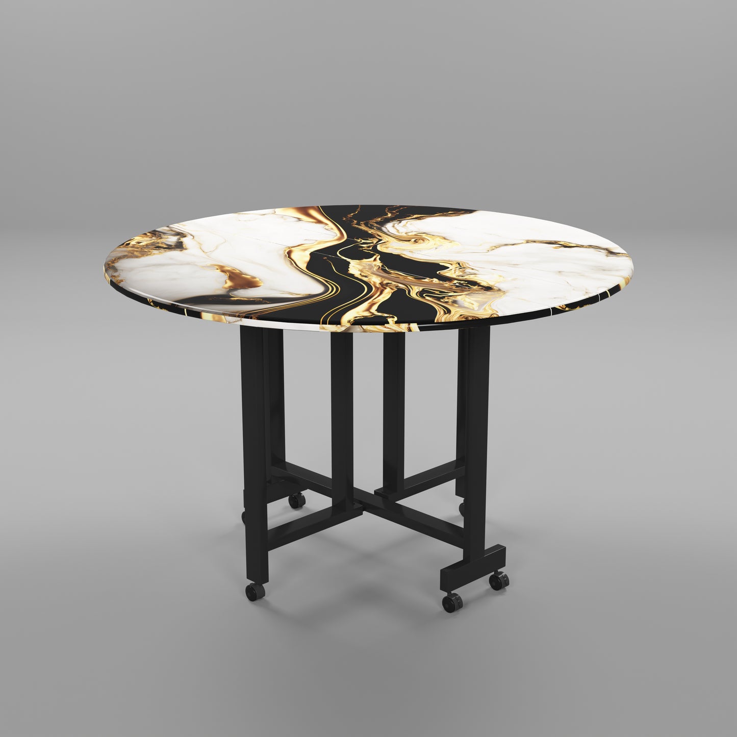 Folding Dining Table( Round, White and Black with Gold Marble, Black Metal Frame)