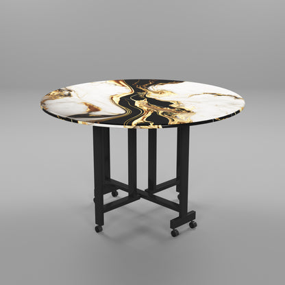 Folding Dining Table( Round, White and Black with Gold Marble, Black Metal Frame)