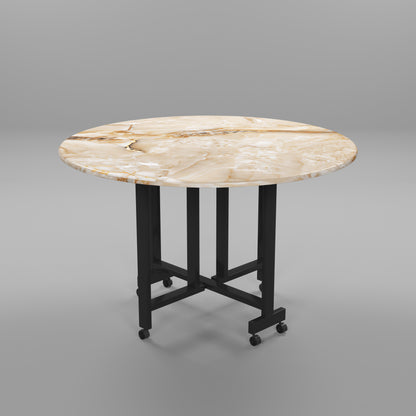 Folding Dining Table( Round, Gold Marble, Black Metal Frame)