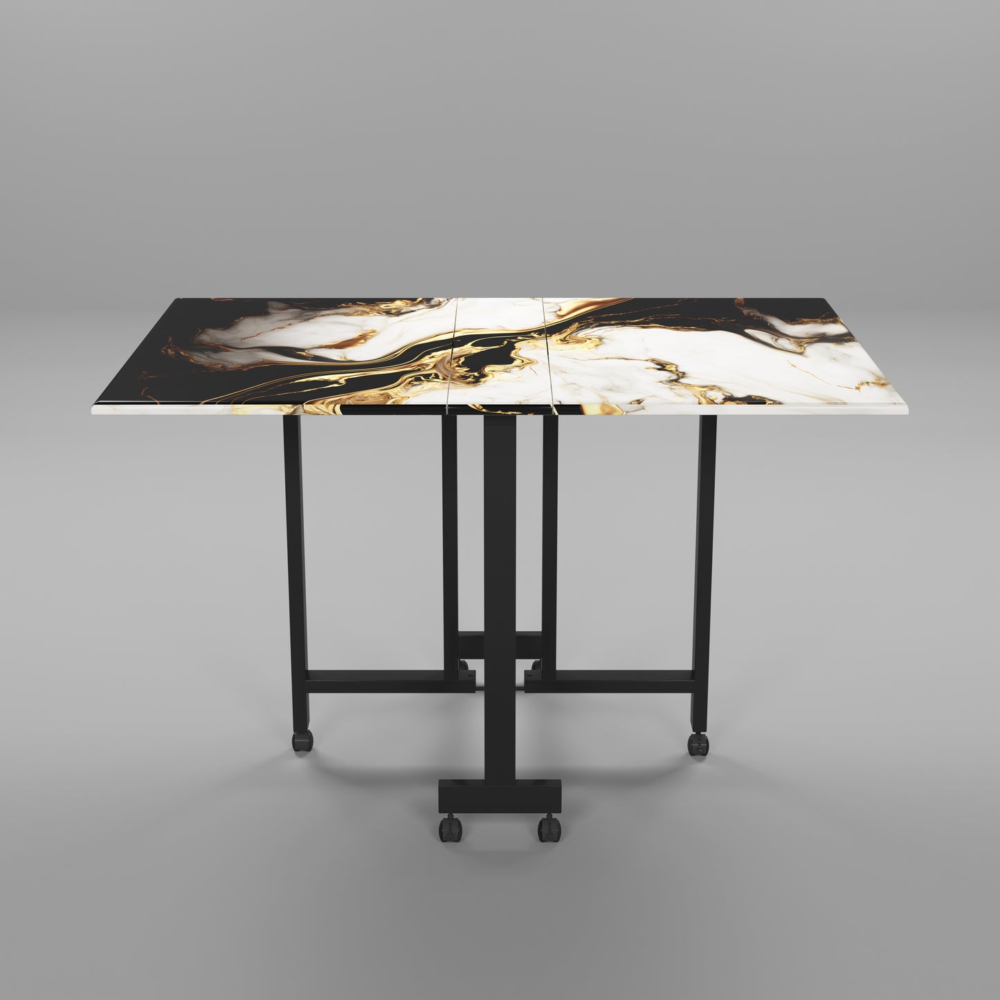 Folding Dining Table( Rectangular, White and Black with Gold Marble, Black Metal Frame)