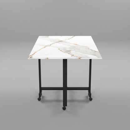 Folding Dining Table( Rectangular, White with Gold Marble, Black Metal Frame)