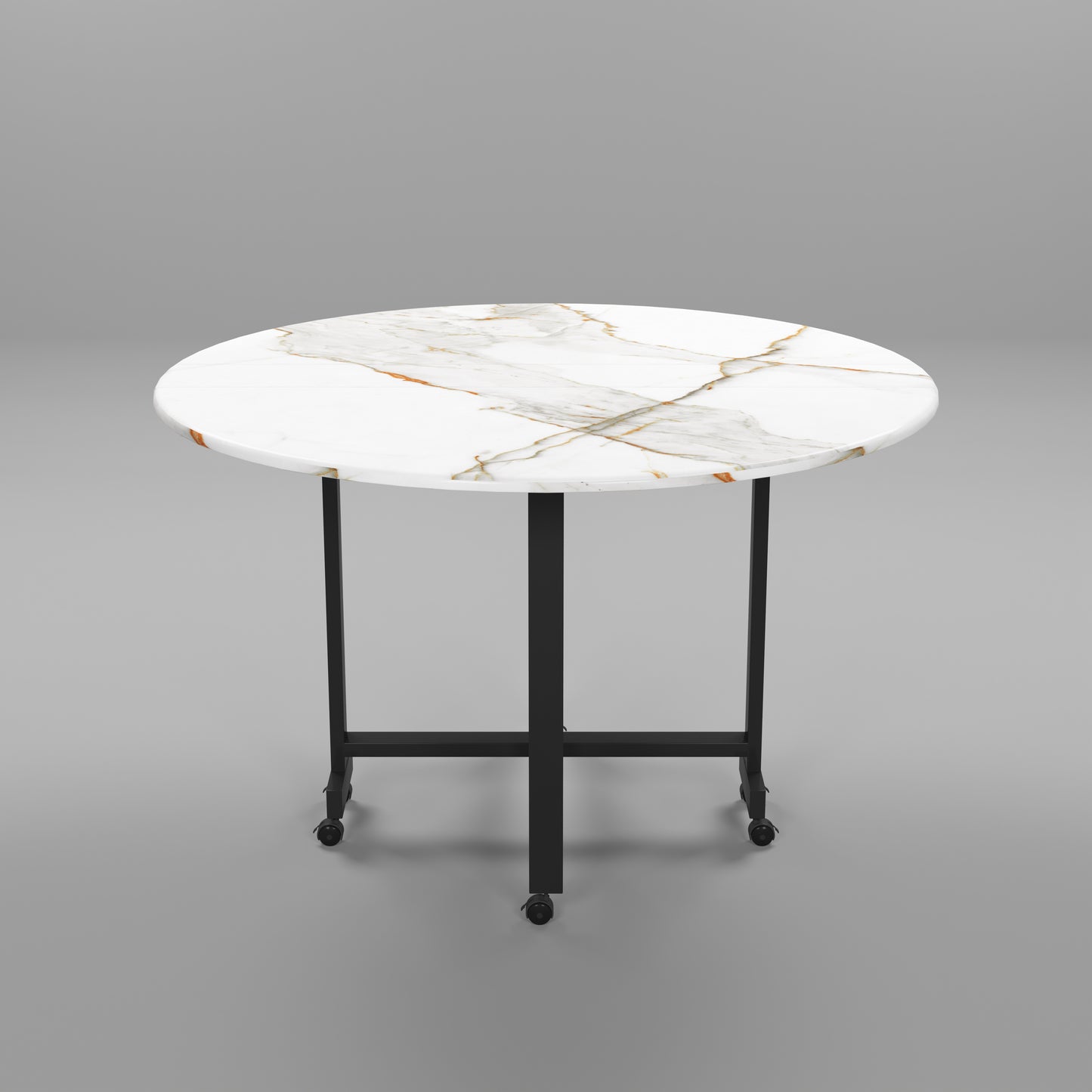 Folding Dining Table( Round, White with Gold Marble, Black Metal Frame)