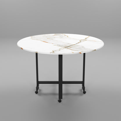 Folding Dining Table( Round, White with Gold Marble, Black Metal Frame)