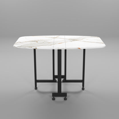 Folding Dining Table( Italian, White with Gold Marble, Black Metal Frame)