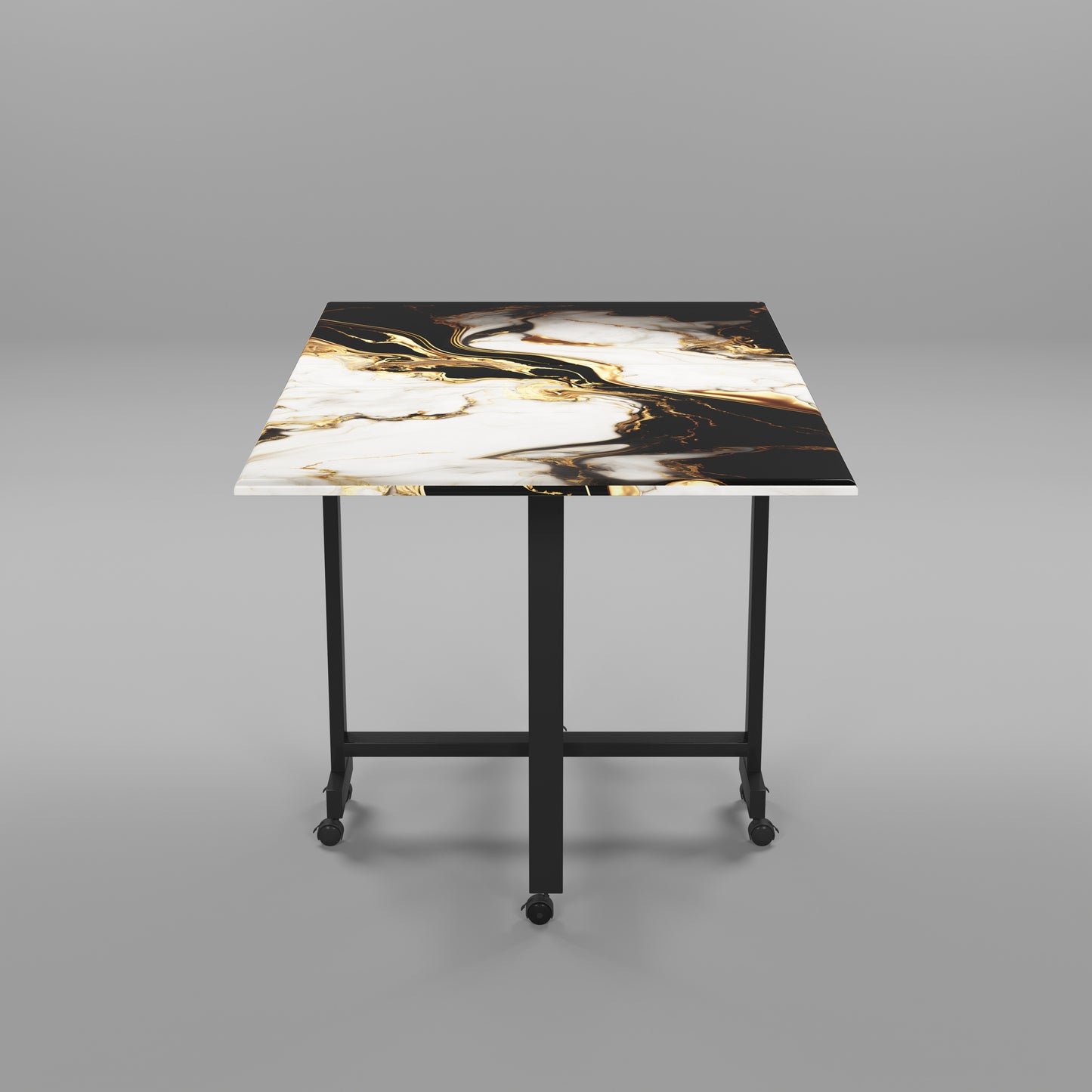 Folding Dining Table( Rectangular, White and Black with Gold Marble, Black Metal Frame)