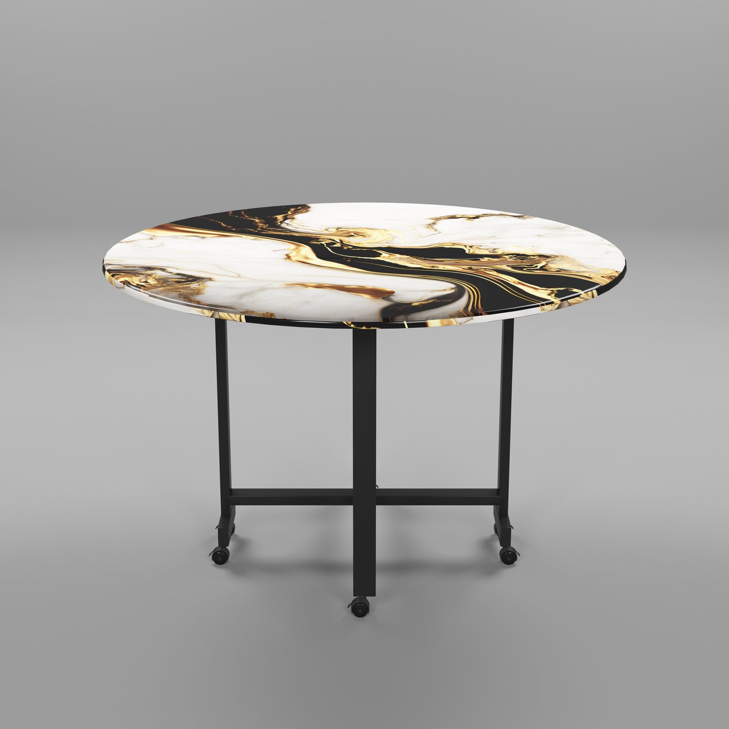 Folding Dining Table( Round, White and Black with Gold Marble, Black Metal Frame)