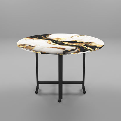 Folding Dining Table( Round, White and Black with Gold Marble, Black Metal Frame)