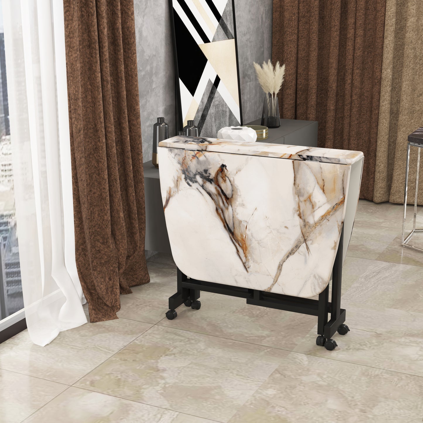 Folding Dining Table( Italian, White Marble, Black Metal Frame)