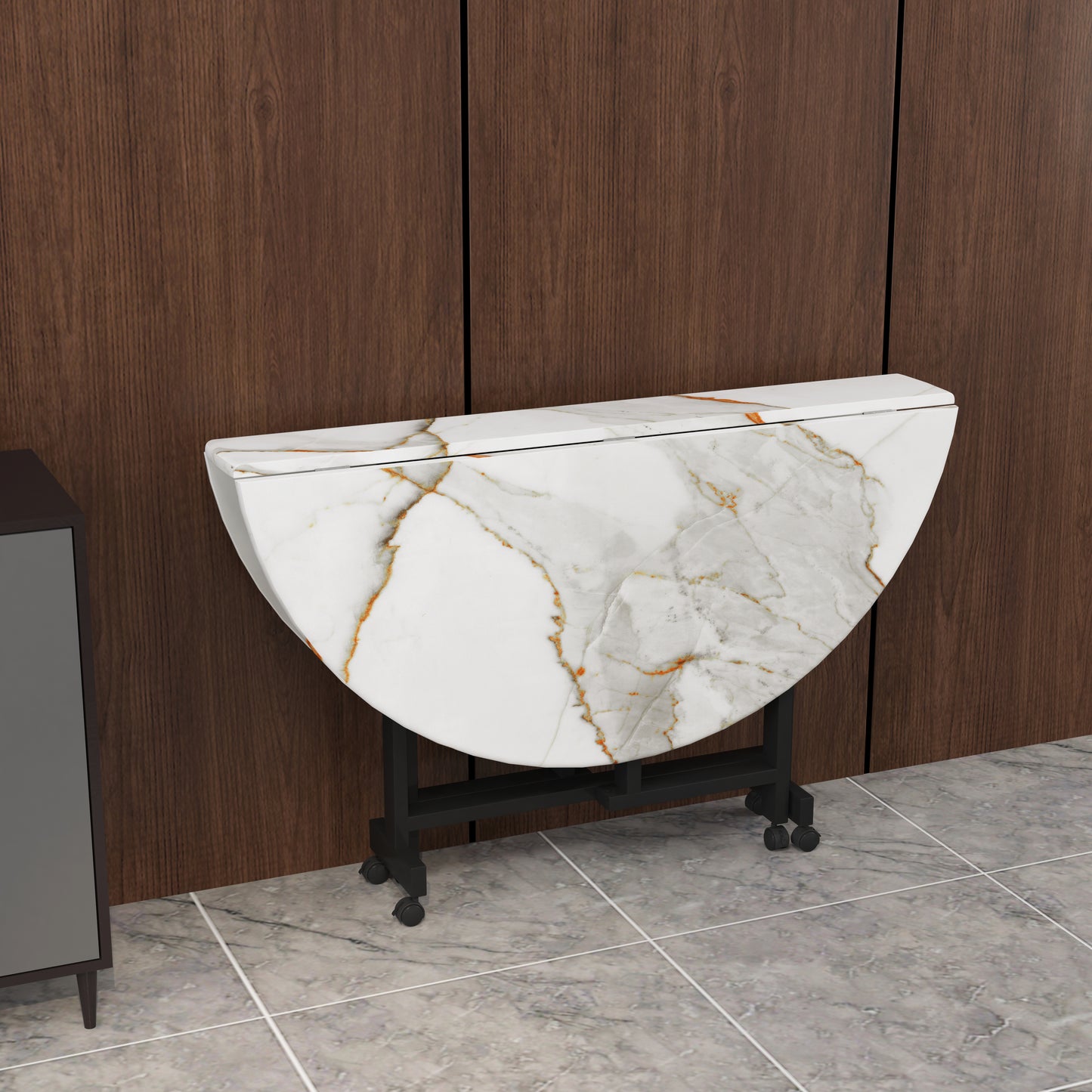 Folding Dining Table( Round, White with Gold Marble, Black Metal Frame)