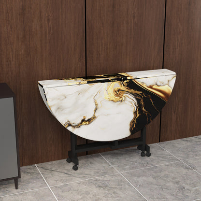 Folding Dining Table( Round, White and Black with Gold Marble, Black Metal Frame)