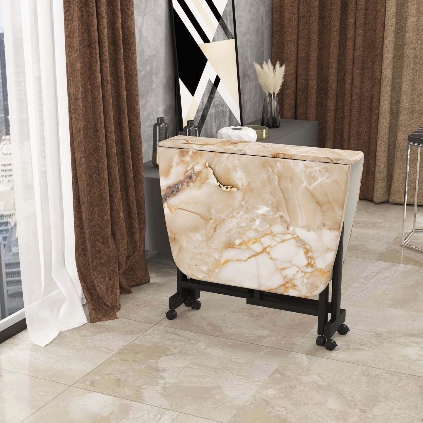 Folding Dining Table( Italian, Gold Marble, Black Metal Frame)