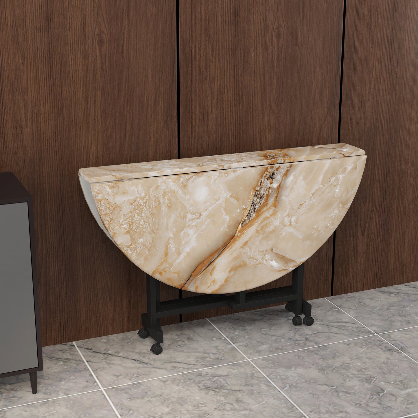 Folding Dining Table( Round, Gold Marble, Black Metal Frame)