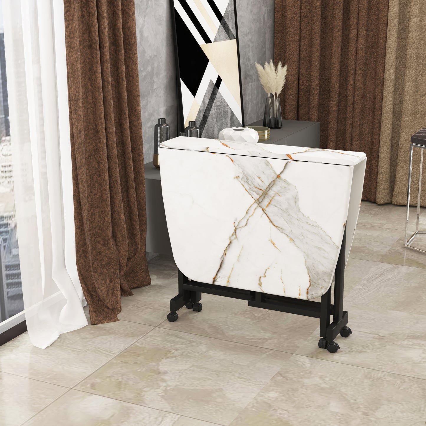 Folding Dining Table( Italian, White with Gold Marble, Black Metal Frame)