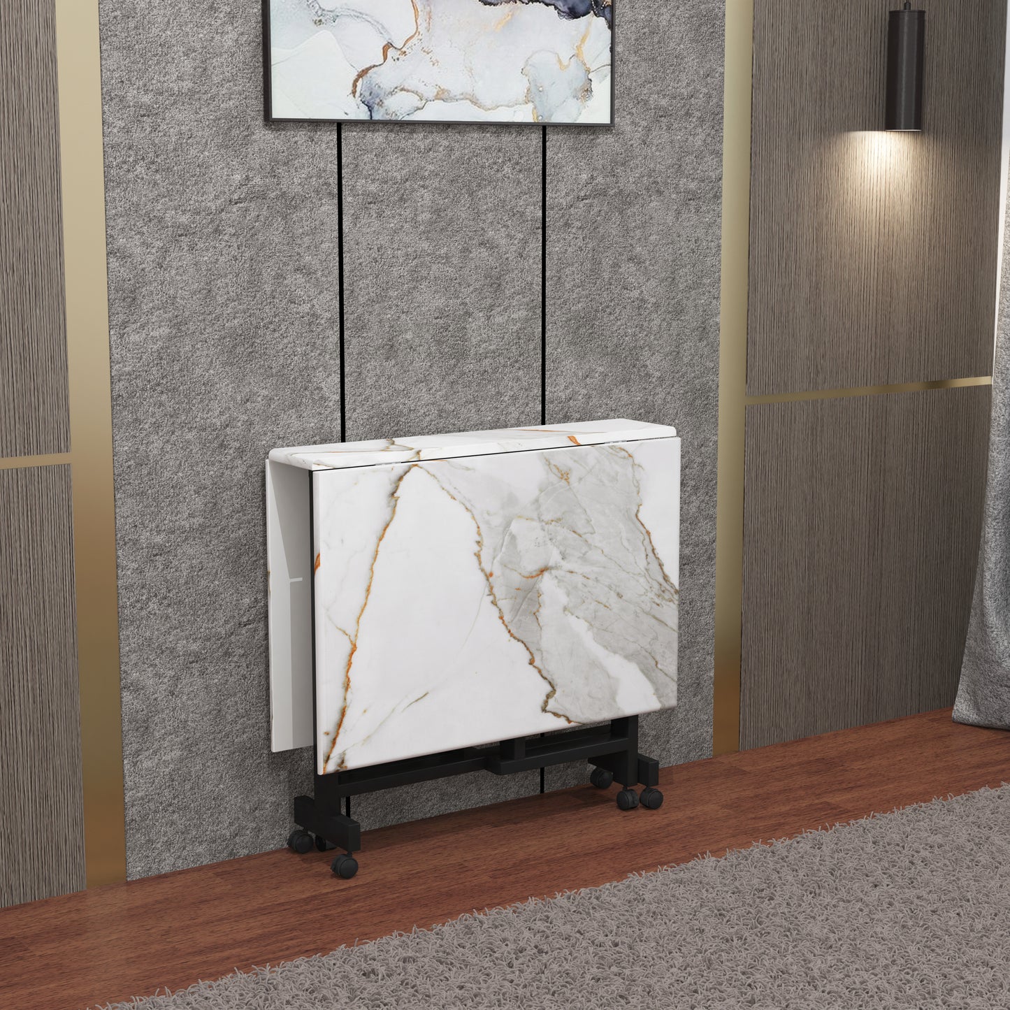 Folding Dining Table( Rectangular, White with Gold Marble, Black Metal Frame)