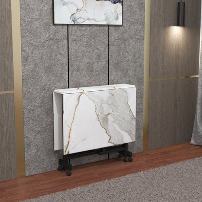 Folding Dining Table( Rectangular, White with Gold Marble, Black Metal Frame)