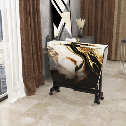 Folding Dining Table( Italian, White and Black with Gold Marble, Black Metal Frame)