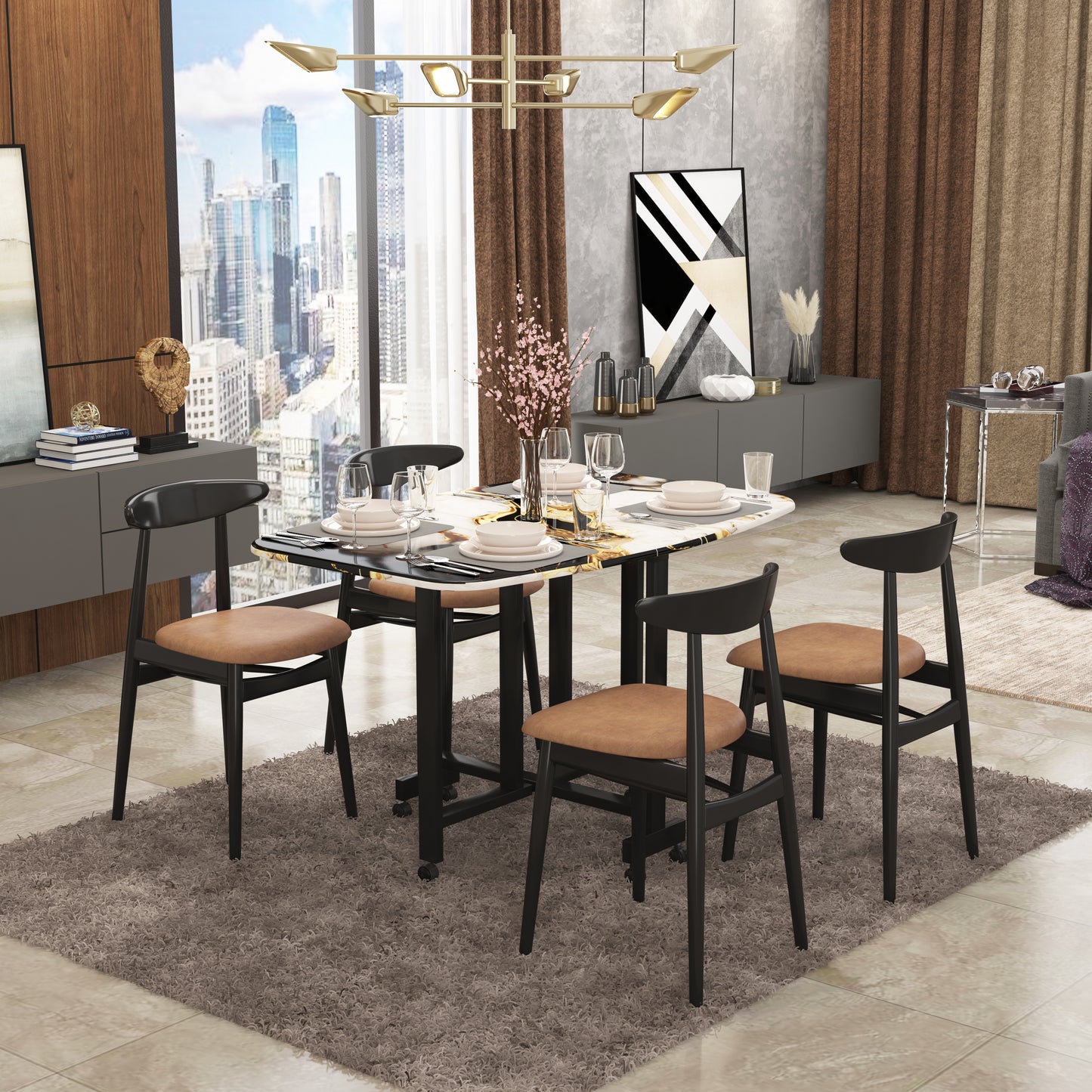 Folding Dining Table( Italian, White and Black with Gold Marble, Black Metal Frame)