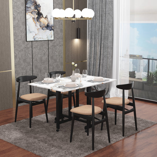 Folding Dining Table( Rectangular, White with Gold Marble, Black Metal Frame)