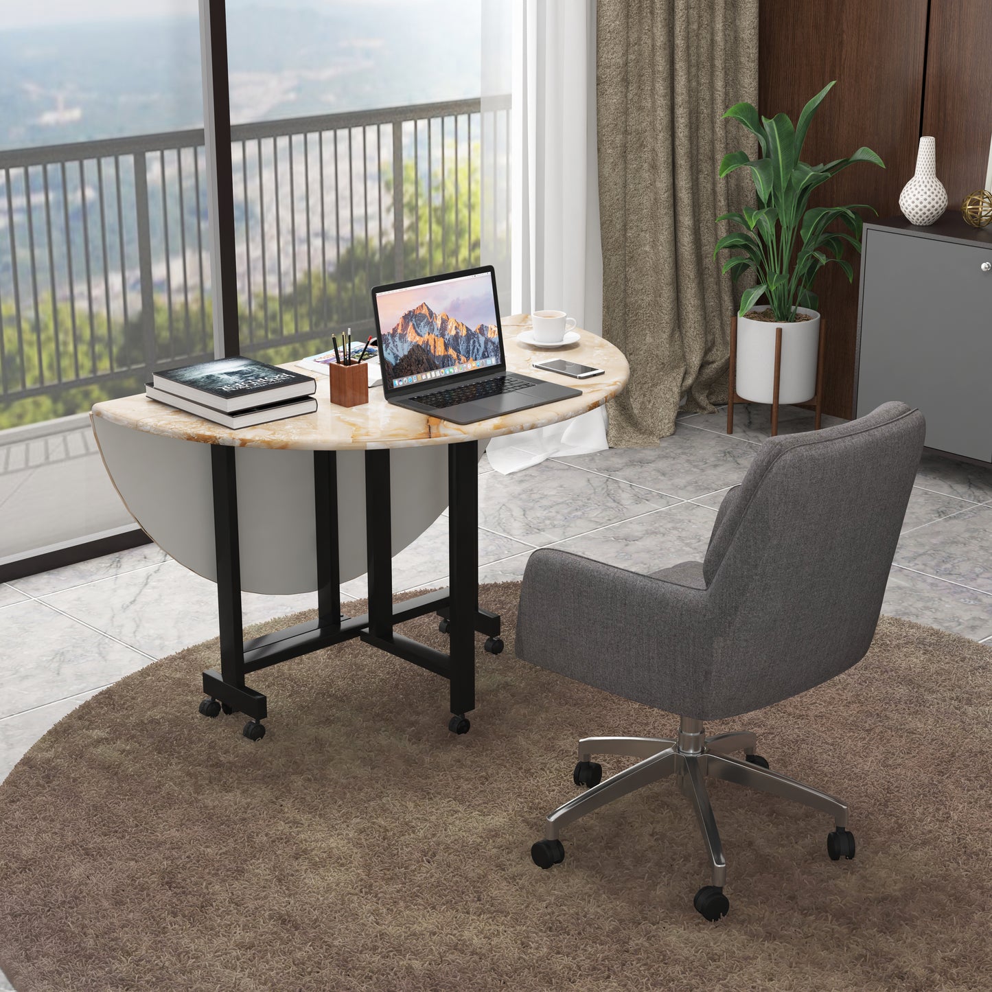 Folding Dining Table( Round, Gold Marble, Black Metal Frame)