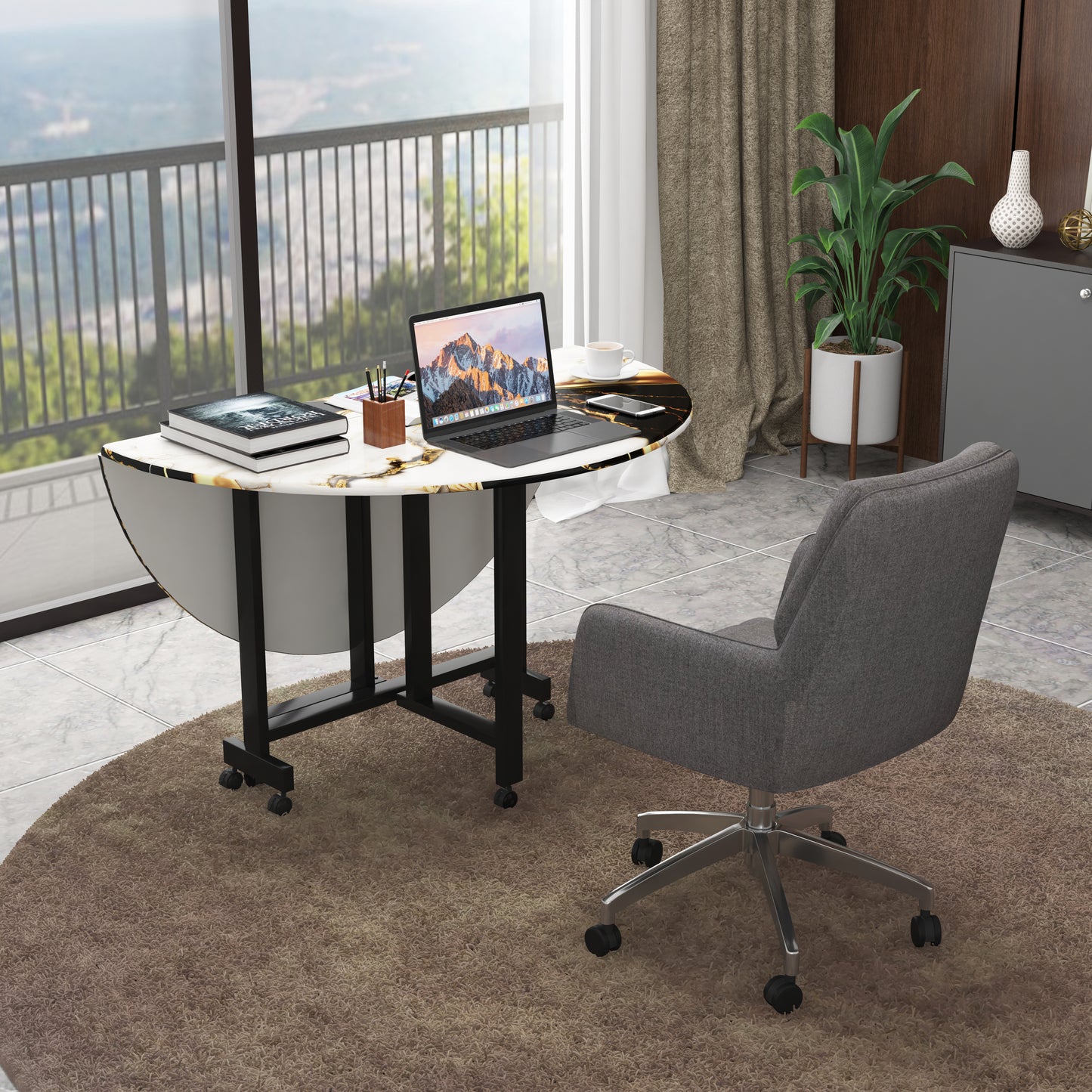 Folding Dining Table( Round, White and Black with Gold Marble, Black Metal Frame)