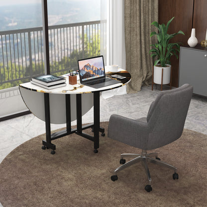 Folding Dining Table( Round, White and Black with Gold Marble, Black Metal Frame)