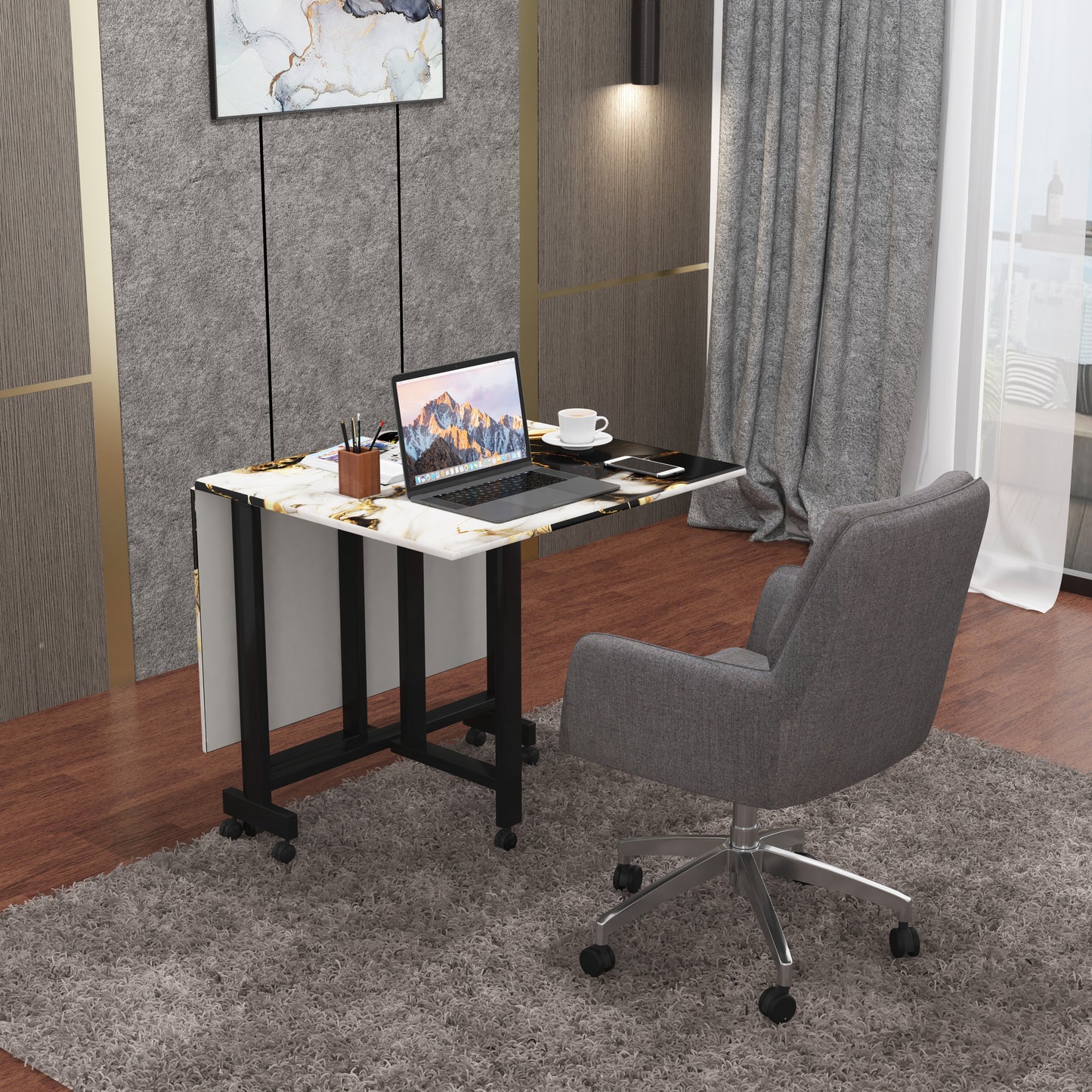 Folding Dining Table( Rectangular, White and Black with Gold Marble, Black Metal Frame)