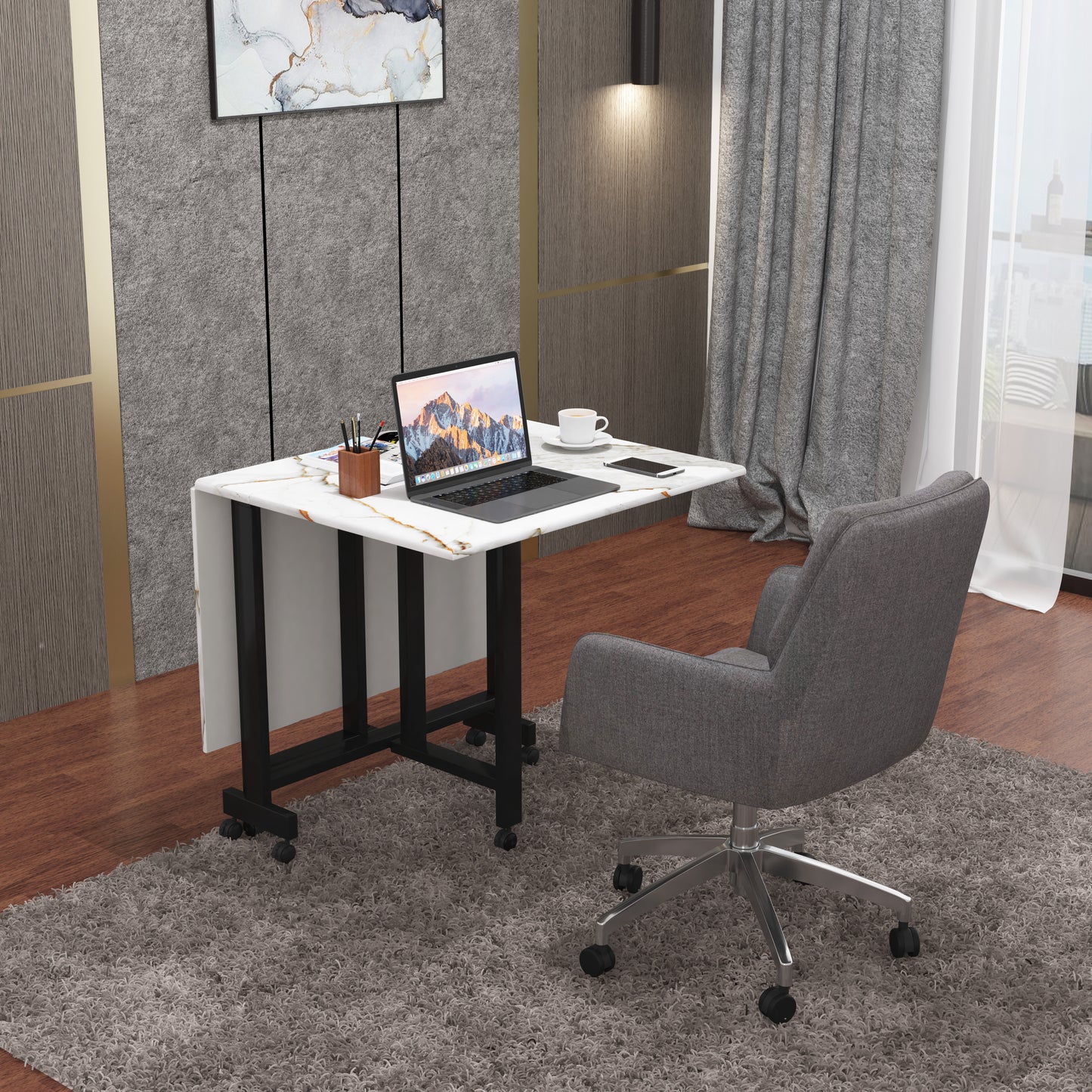 Folding Dining Table( Rectangular, White with Gold Marble, Black Metal Frame)