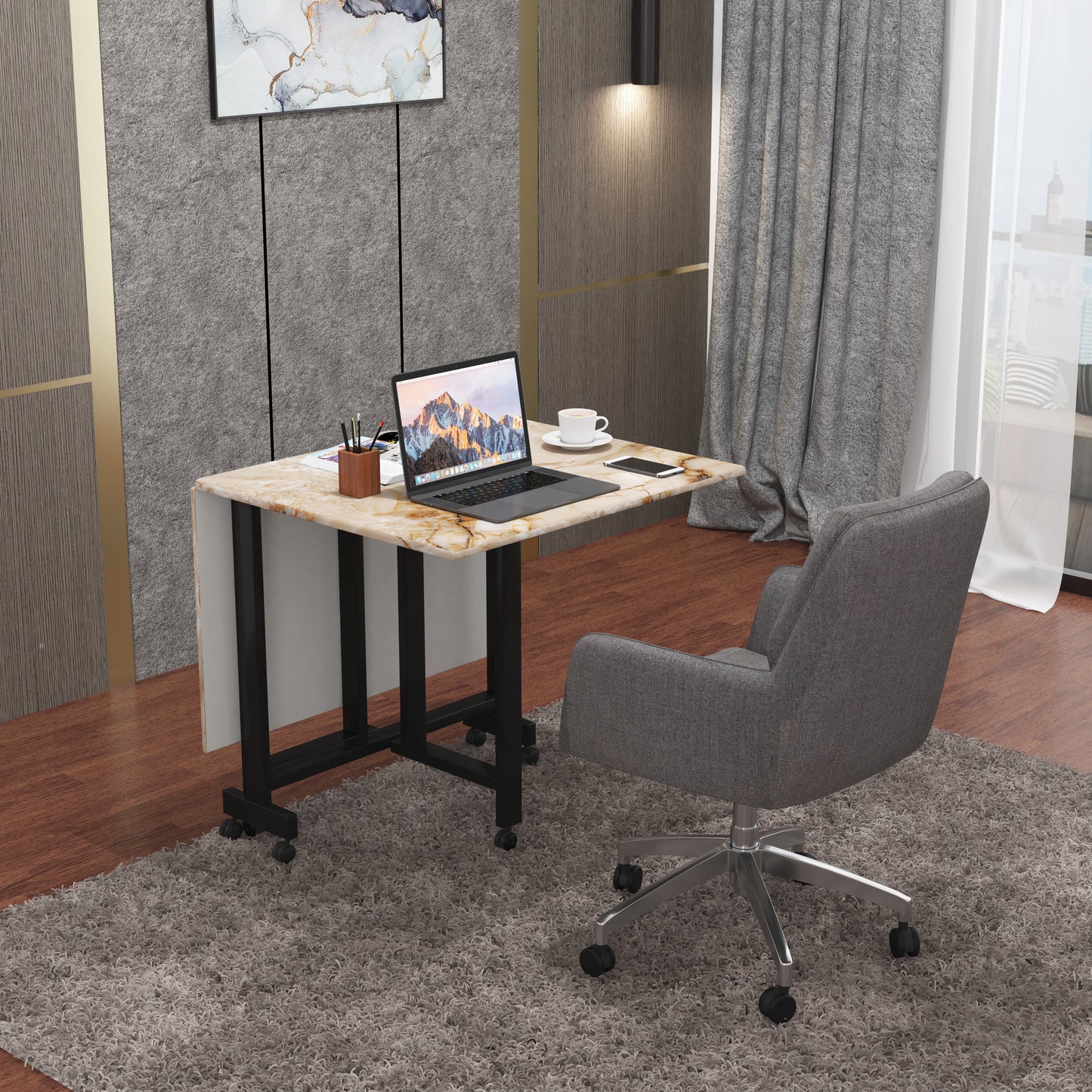 Folding Dining Table( Rectangular, Gold Marble, Black Metal Frame)