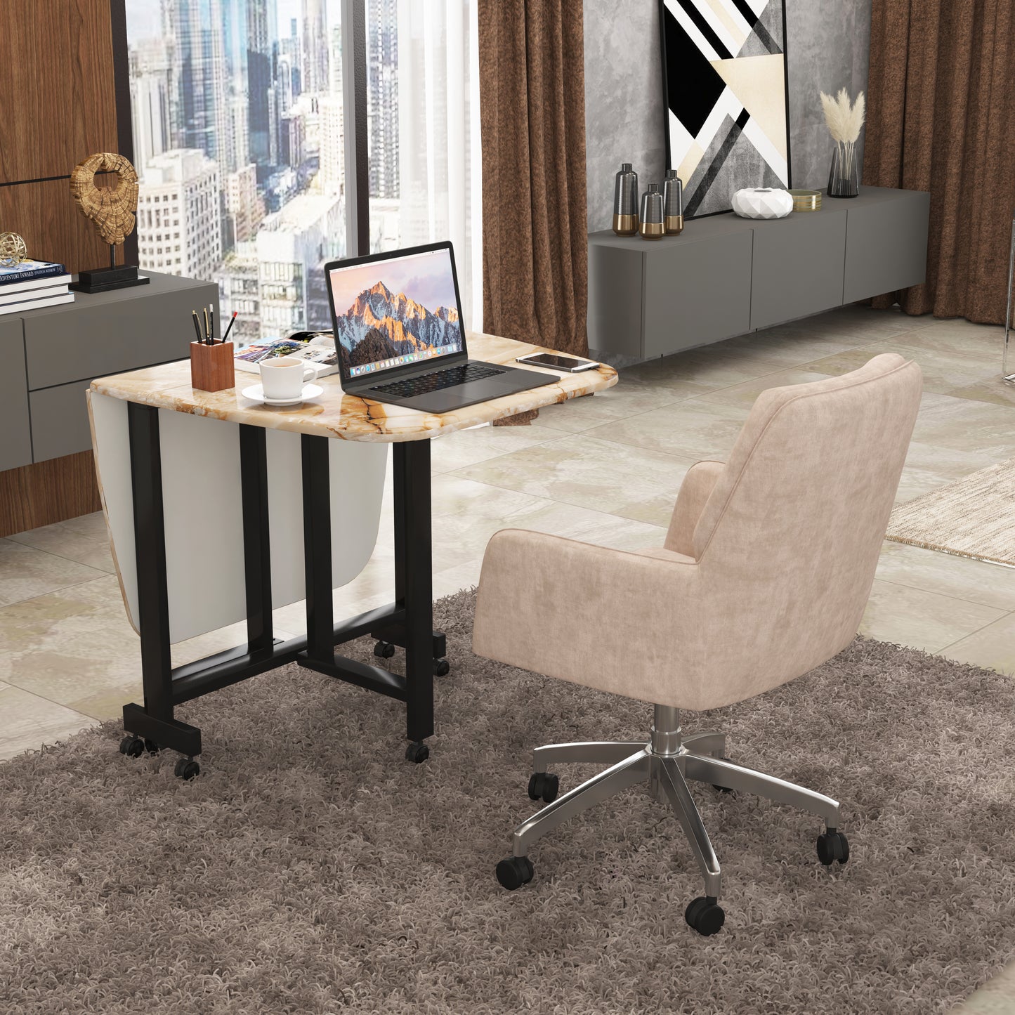 Folding Dining Table( Italian, Gold Marble, Black Metal Frame)