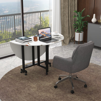 Folding Dining Table( Round, White with Gold Marble, Black Metal Frame)