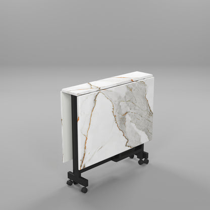 Folding Dining Table( Rectangular, White with Gold Marble, Black Metal Frame)