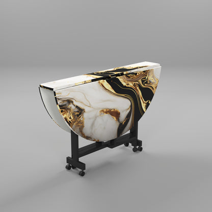 Folding Dining Table( Round, White and Black with Gold Marble, Black Metal Frame)