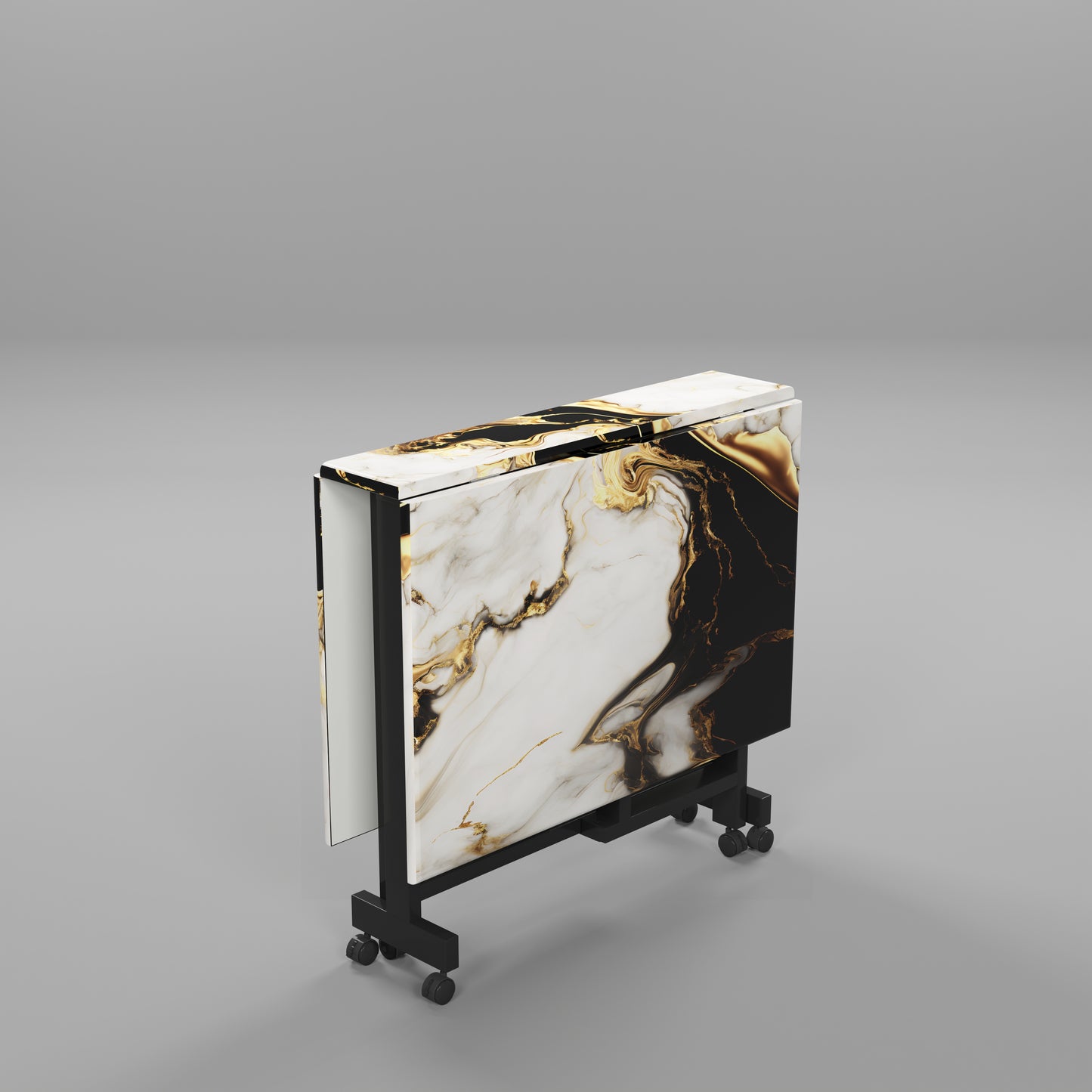 Folding Dining Table( Rectangular, White and Black with Gold Marble, Black Metal Frame)