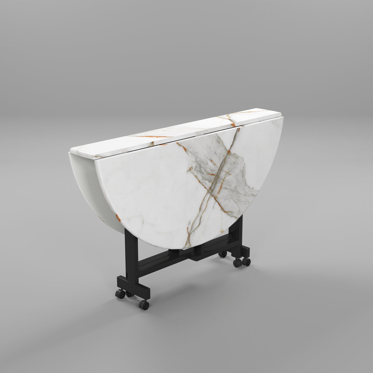Folding Dining Table( Round, White with Gold Marble, Black Metal Frame)
