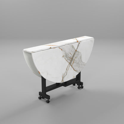 Folding Dining Table( Round, White with Gold Marble, Black Metal Frame)