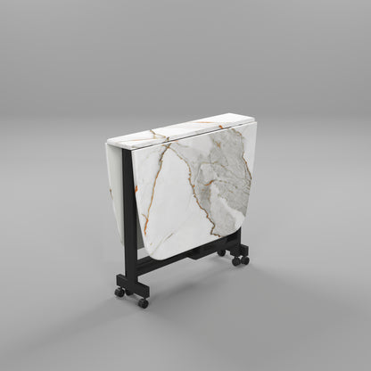 Folding Dining Table( Italian, White with Gold Marble, Black Metal Frame)