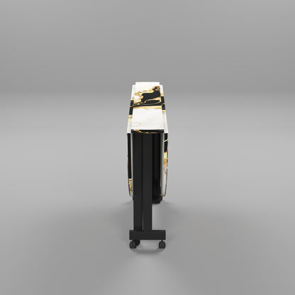 Folding Dining Table( Round, White and Black with Gold Marble, Black Metal Frame)