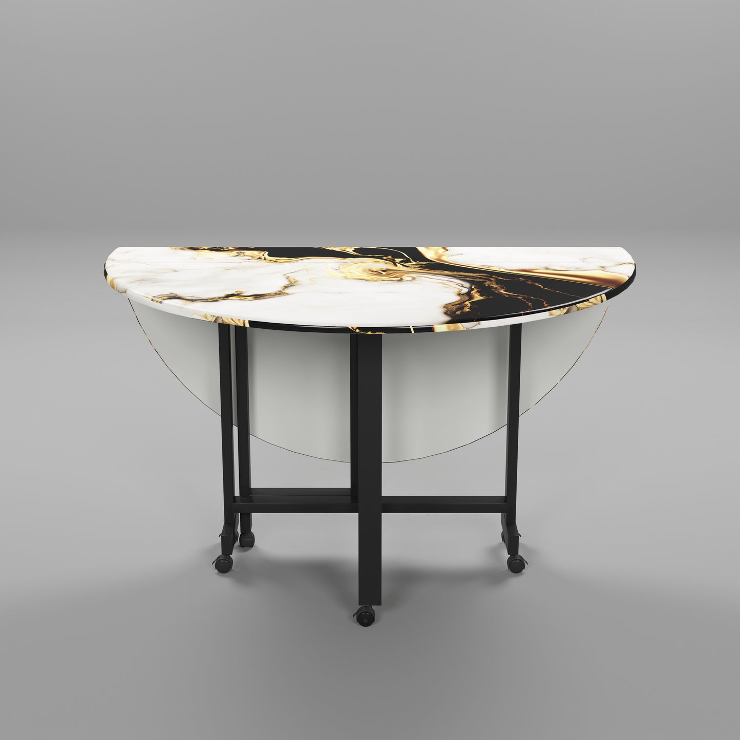 Folding Dining Table( Round, White and Black with Gold Marble, Black Metal Frame)