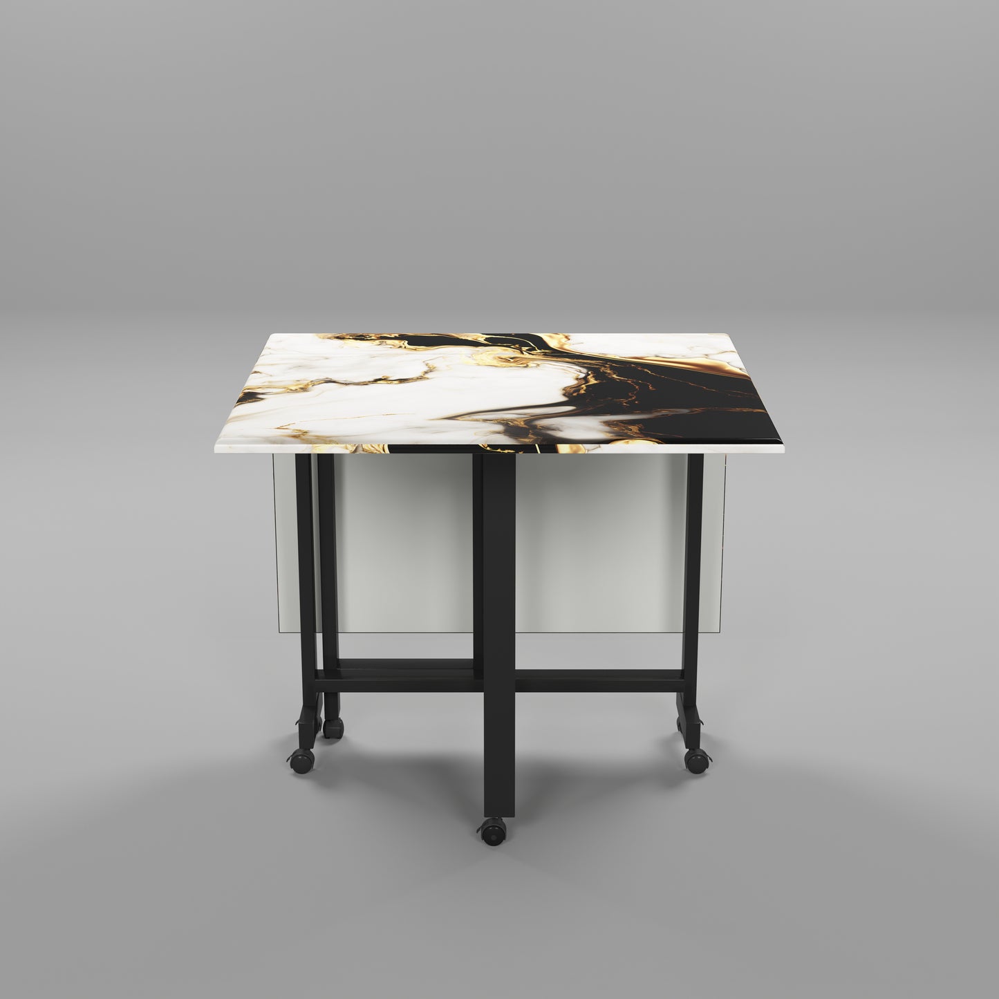 Folding Dining Table( Rectangular, White and Black with Gold Marble, Black Metal Frame)