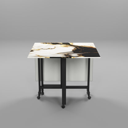 Folding Dining Table( Rectangular, White and Black with Gold Marble, Black Metal Frame)